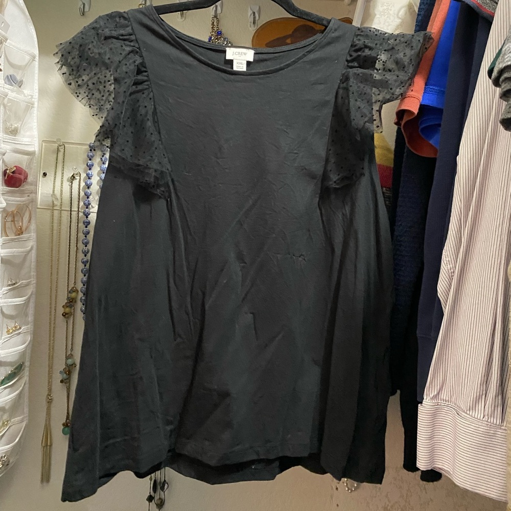 J Crew black sleeveless shell with polka dot tulle sleeves